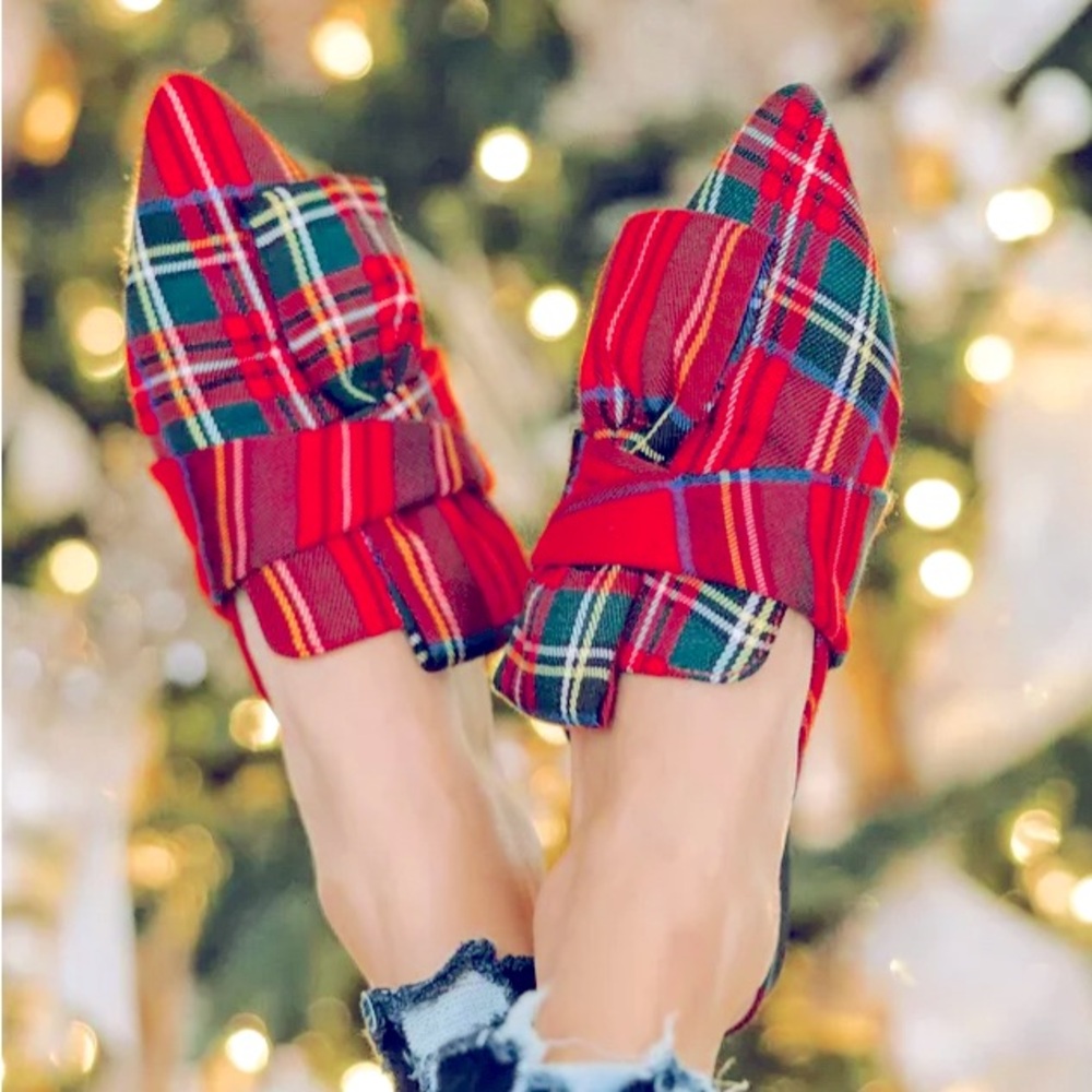 Tartan Plaid Bow Accent Slip-On Flats